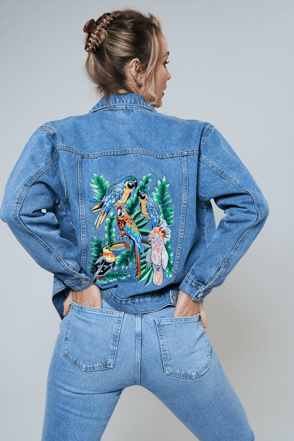 Tropical Leaves Embroidered Denim Jacket - Sofia Marino – Sofia Marino